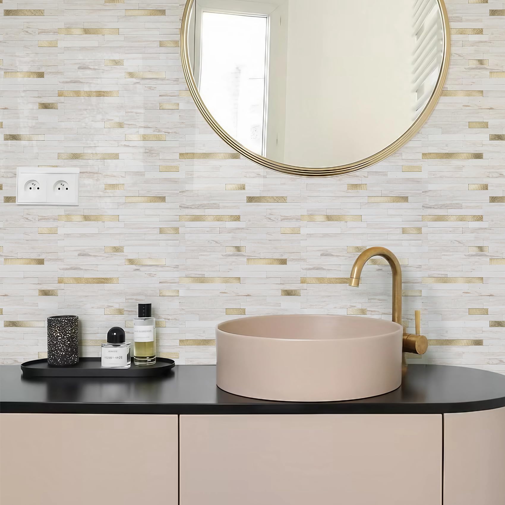 2 Sheets Peel And Stick Backsplash Tile  On For Kitchen Bathroom Glossy Eurasian Wood Grain Pvc Mixed Metal Self Adhesive Wall Tiles