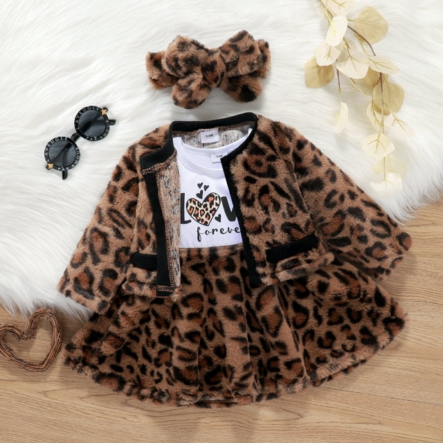 PatPat Baby Girls Leopard Dress 3pcs Outfit Set,Long Sleeve Splicing