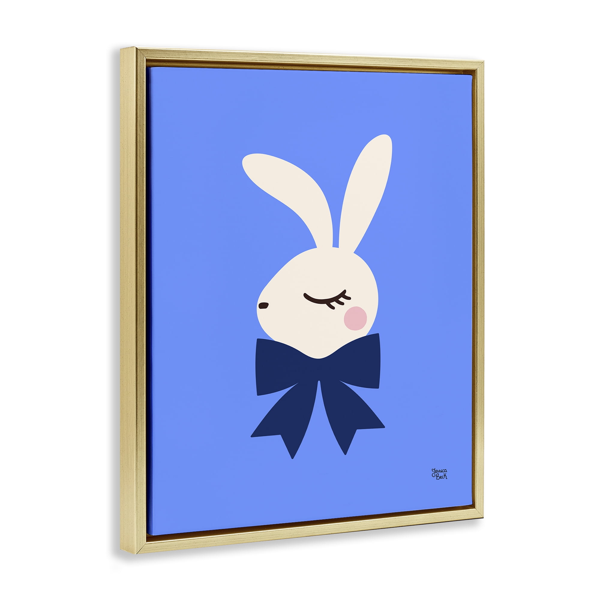Stupell Industries Rabbit with Ribbon on Blue Animals Painting Gold Floater Framed Canvas Art Print Wall Art, 17 x 21
