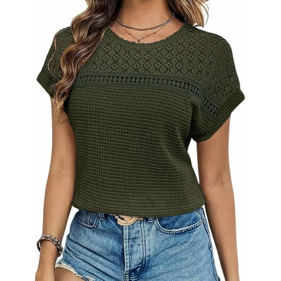 UVN Blouses for Women Summer Short Sleeve Crewneck Dressy Shirts Casual Waffle Knit Hollow Out Tunic Tops