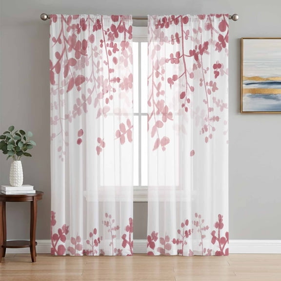 Sheer Curtains 96 Inches Long 2 Panels Set for Living Room, Pink Leaves Semi Sheer Curtains for Windows, Summer Botanical Voile Window Treatments Rod Pocket Curtain