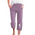 thumbnail image 2 of up to 60% off Gifts Usmixi Womens Drawstring Elastic Waist Cropped Pants Vintage Feather Print Plus Size Cotton Linen Trousers Casual Loose Wide Leg 3/4 Pants with Pocket Purple l, 2 of 5