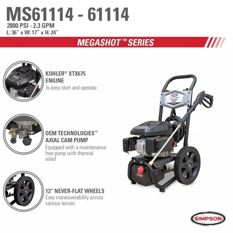 SIMPSON MS61114 MegaShot 2800 PSI at 2.3 GPM KOHLER XTX675 Cold Water Pressure Washer