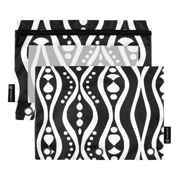 African Tribal Lines and Dots 2 Pack Pencil Pouch for 3 Ring Binder Smooth Zipper Folders with Pockets Clear Window Pencil Case