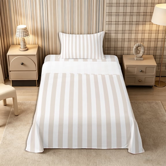 Meiyoeat Modern Pinstripe Twin Sheets 3pcs, Simple Straight Line Bedding, Beige White,1 Fitted Sheet, 1 Flat Sheet and 1 Pillowcase