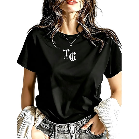 Women's Oversized Crew Neck Graphic T-Shirt, TG Letter Print Black Short Sleeve Tee