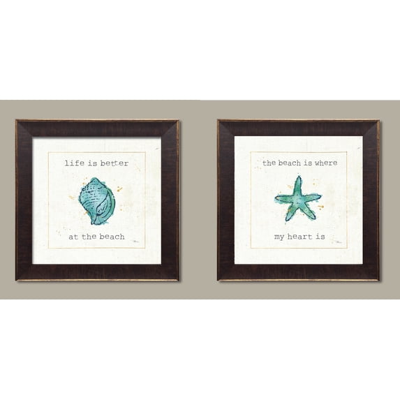 Watercolor-Style Teal "Life Is Better At The Beach" and "The Beach Is Where My Heart Is" Prints; Coastal Decor by Pela Studio; Two 12x12in Gold Trim Brown Frames