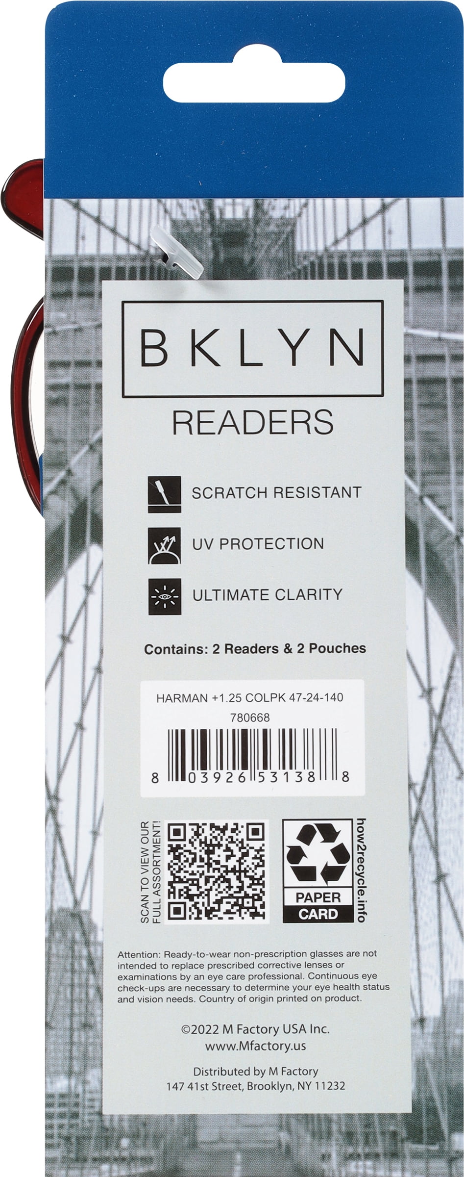 Bklyn, Harman +1.25, Adult, Unisex, Plastic Reading Glasses & Pouches Value Pack , 2 Ea