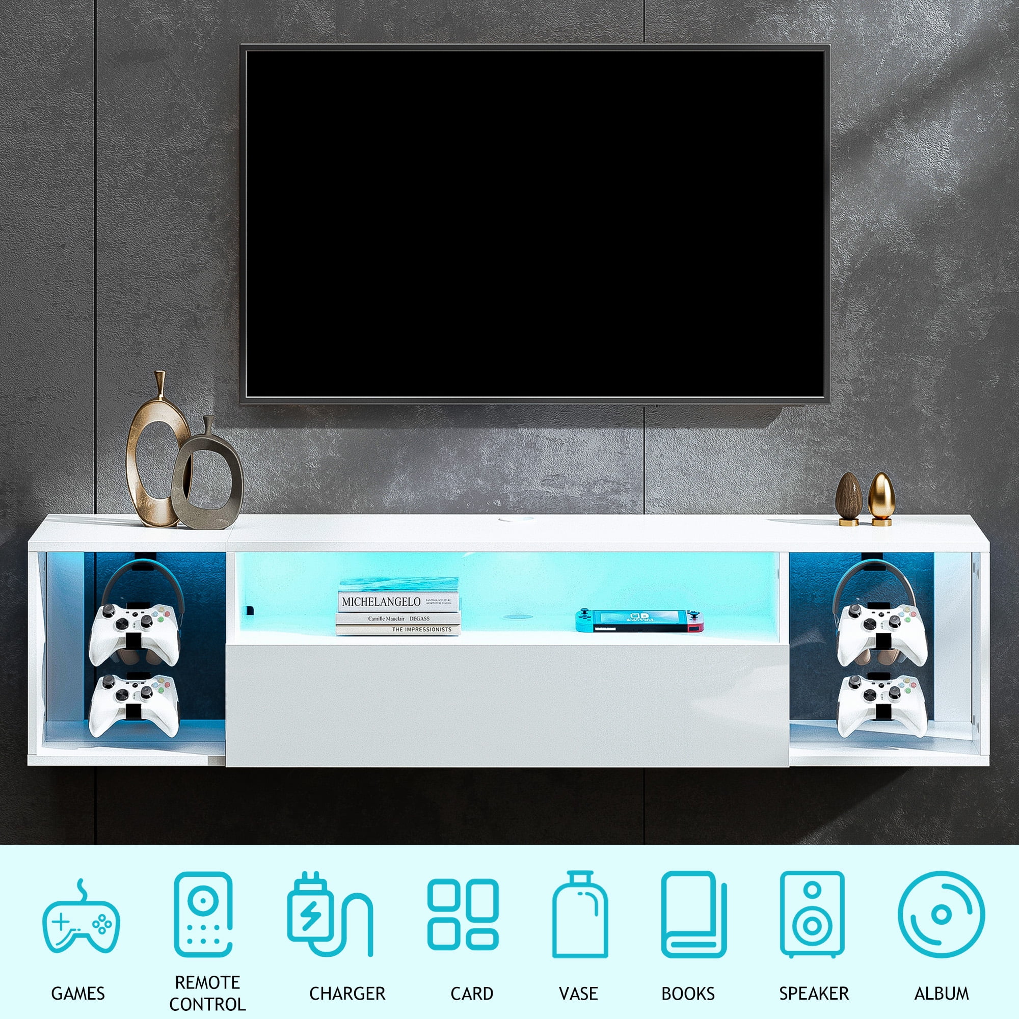 SogesPower East Install Television Stand with Storage, Wood White, 55.10 x 11.80 x 11.80 Inches,White