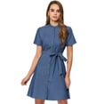 thumbnail image 1 of Vestido camisero de mezclilla de manga corta con botones y cinturón para mujer Azul S, 1 of 5