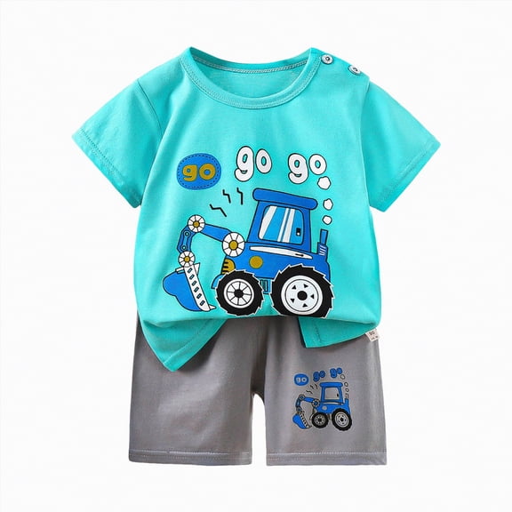 TOWED22 Baby Boy Toddler Clothes 2pcs Short Sleeve T-Shirt Top Cargo Shorts Dinosaur Truck Print Outfits(Mint Green,7-8 Y)