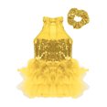 thumbnail image 4 of Raenseen Girls Sequins Ballet Leotard Dance Costume Jazz/Latin Modern Performance Dance Dress with Yellow 6, 4 of 6