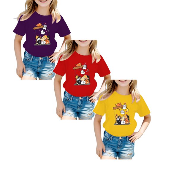 XEGLSBU 3 Pack Kids Girls Cute Graphic Print Summer Round Neck Short Sleeve Tee Casual T-Shirt (Size 9-10 Years)