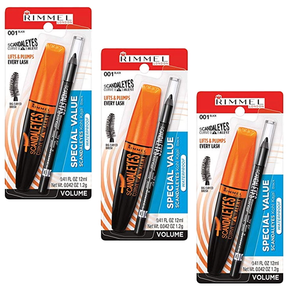 (3 Pack) Rimmel ScandalEyes Curve Alert Mascara with ScandalEyes Waterproof Kohl Kajal Liner 0.41 Oz