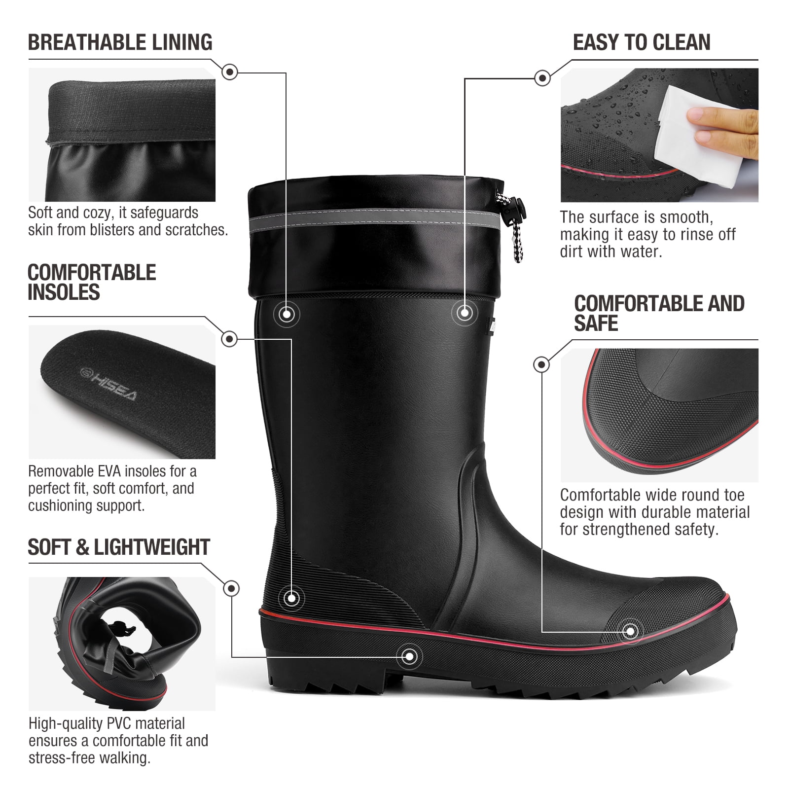 HISEA Mid Calf Rain Boot for Men,Anti-slip Waterproof PVC Mud Garden Boots with Adjustable Closure,Black & Red,Size 9.5
