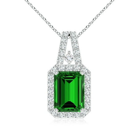 ANGARA Lab Grown 1.5 Ct Emerald-Cut Emerald Halo Pendant for Women in 14K White Gold (Size-8x6mm) | May Birthstone Birthday Anniversary Jewelry Gift for Women | Lab-Grown Emerald Necklace