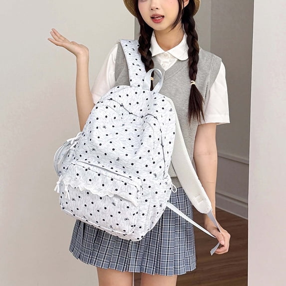 Polka Dot Backpack Aesthetic Bookbag Kawaii Casual Daypack with Heart Lace Trim Large Capacity Laptop Daypack with Multiple Pockets Lightweight Travel Rucksack for Women,Gray