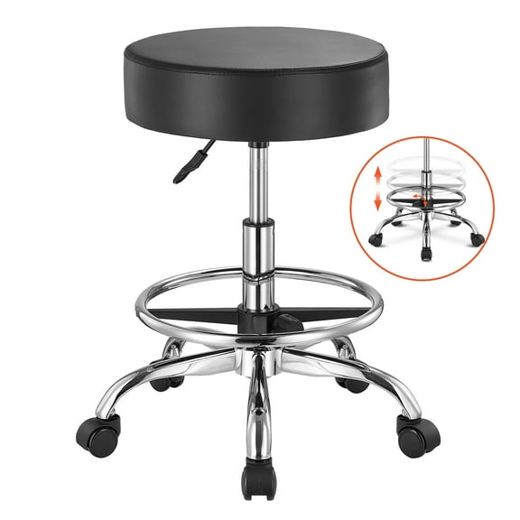 VEVOR Rolling Stool with Foot Rest and Wheels, 450 LBS Weight Capacity Round Rolling Stool Chair, Height Adjustable Thickened PU Leather Swivel Stool for Salon, Spa, Massage, Tattoo, Clinic, Black
