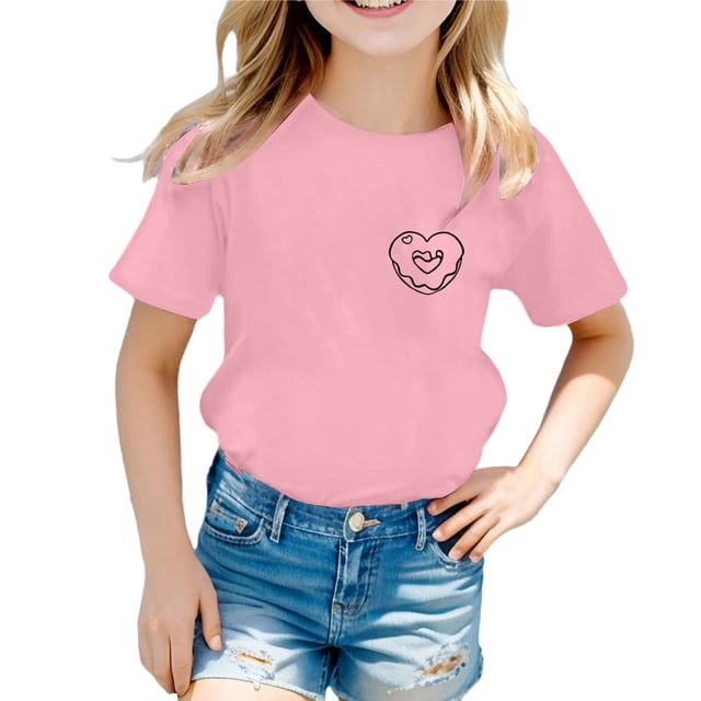 Hiiyo T-Shirt à Manches Courtes Col Rond Imprimé Cœur pour Filles T-Shirt Décontracté d'Été