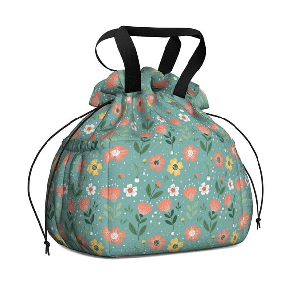 Pioneer Flower Floral Print Pattern Drawstring Lunch Bag Women - Drawstring Lunch Bag Insulated for Work Office - Stain-Resistant Large Lunchbags for Women with Multi-Pockets