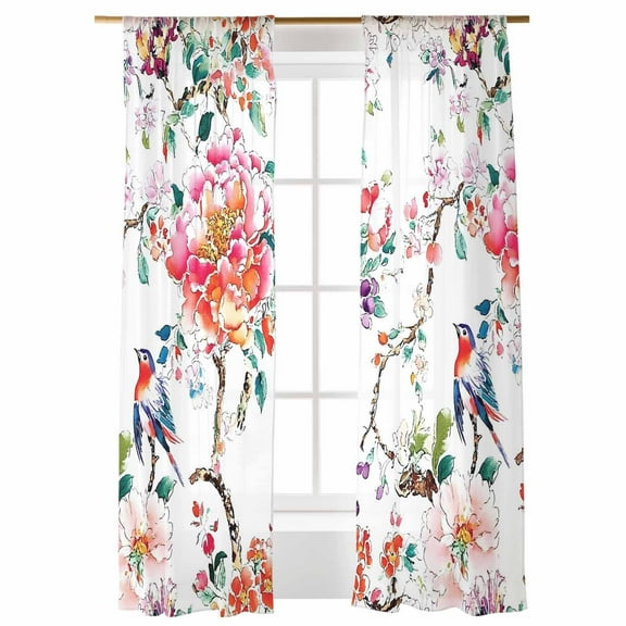 Watercolor Peony Sheer Curtains 84 inches Long, Bird Flower Retro Country Chinese Style Light Filtering Sheer Window Curtains Rod Pocket Voile Drapes for Bedroom Living Room, 52"W x 84"L 2 Panels