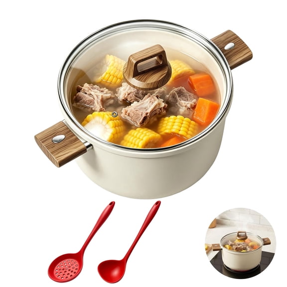 Nonstick Stock Pot, 10.2 in Stone-derived Aluminum Alloy Cooking Pot with Glass Lid & Heat Resistant Handles, Large Capacity Cookware, 2 Silicone Spoons Included, Ideal for Induction Gas Ceramic Hobs