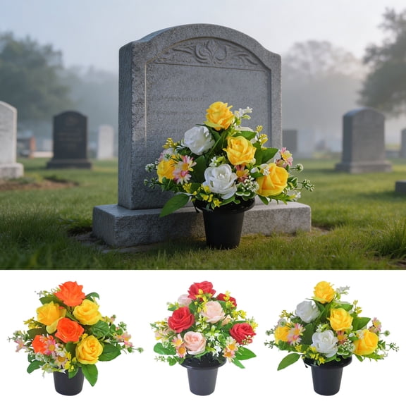 Funeral-Style Artificial Potted Rose Arrangements for Cemetery Memorial, Realistic Faux Flower Bonsais Used as Grave Tribute Decor for Memorial Day/Condolence Service/Surrounding Layout, D