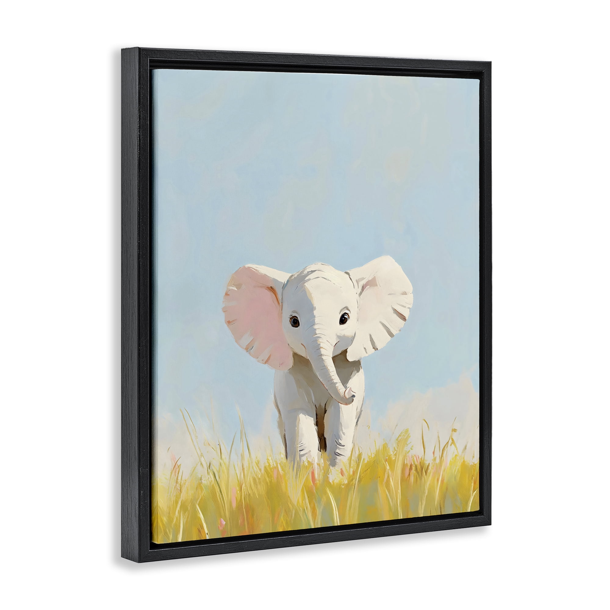 Stupell Industries White Baby Elephant in Grass Black Framed Floater Canvas Wall Art, design by The Prints Vibe
