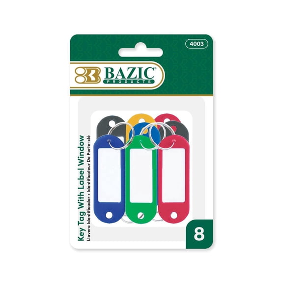 BAZIC Key Tag Label Window, Plastic Key Holder Key Ring (8/Pack), 1-Pack