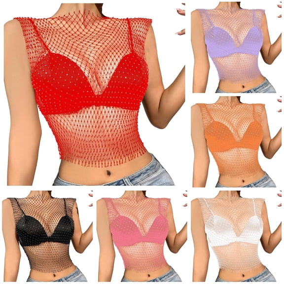 HCYSFG Womens Rhinestone Mesh Crop Tops Neck Short Sleeve See Through Sparkle Design Party Shirts Slim Fit Night Out Tees