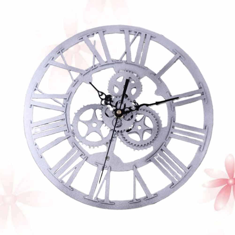 CRILSTYLEO 1 Pc Creative Plated Silver Wall Clock Retro Gear Design for Bedroom Kitchen Living Room