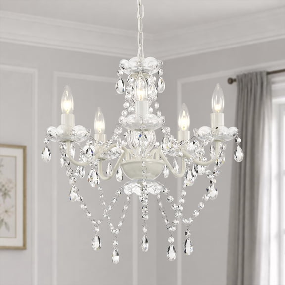 Small White 5-Light Crystal Chandelier, Modern Chandelier Ceiling Light Fixture, Small Chandelier for Bedroom, Dining Room, Girls Room