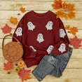 thumbnail image 4 of Fiaer Women Halloween Sweatshirts Ghost Graphic Crew Neck Long Sleeve Pullover Loose Warm Plus Size Tops Wine XXL, 4 of 4