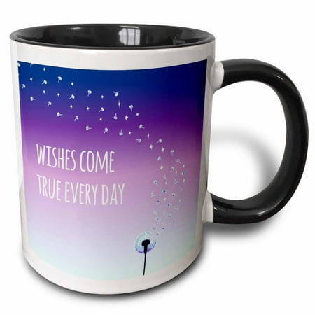 3dRose Wishes come true every day - inspirational motivational sayings - motivation - purple dandelion wish - Two Tone Black Mug,
