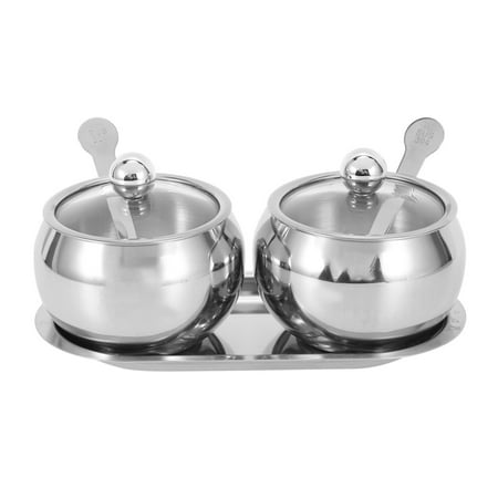 

Sugar Bowl With Lid and Spoon 2 Stainless Steel Salt Bowl Spice Jars Set Condiment Pots Silver