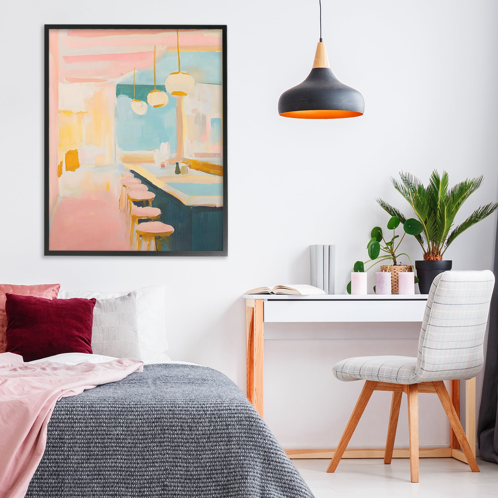 Stupell Industries Pastel Pink Bar Stools Black Framed Giclee Art, design by The Prints Vibe