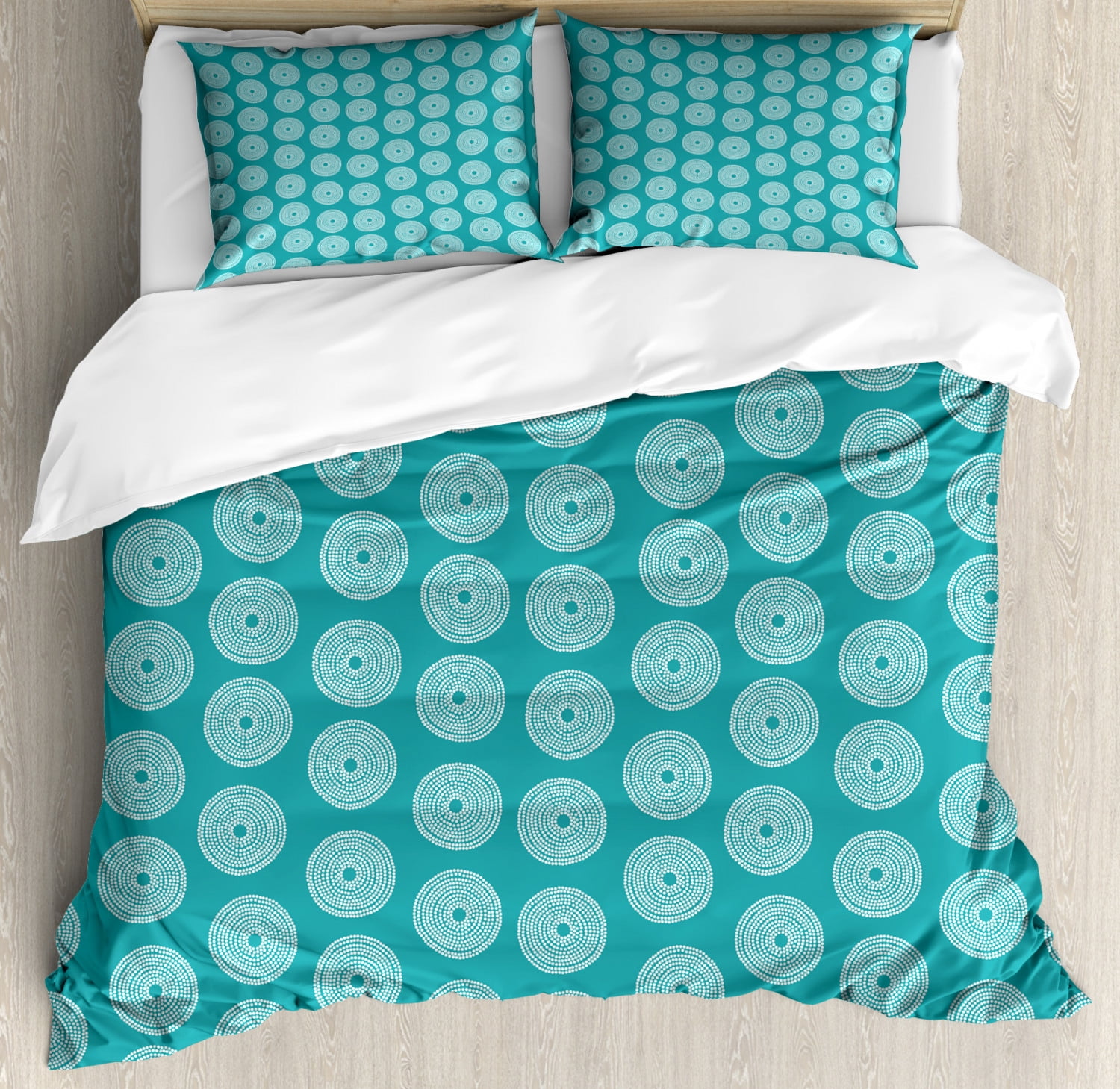 Teal And White Duvet Cover Set King Size Dotted Ring Shapes Hand Drawn Style Symmetric And Simple Radial Circles Decorative 3 Piece Bedding Set With 2 Pillow Shams Teal White By Ambesonne