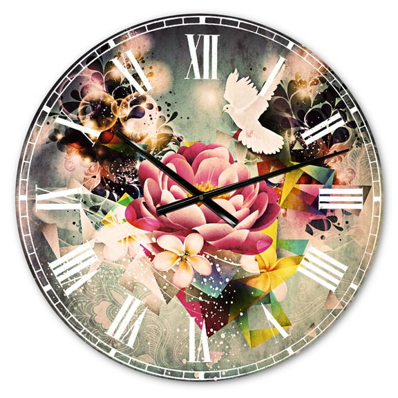 Designart 'Flowers and Dove Abstract Design' Traditional wall clock