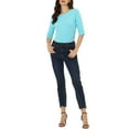 thumbnail image 2 of INSPIRE CHIC Women's Tops Elbow Sleeves Boat Neck Slim Fit Classic Casual Tee Mother's Day Shirt Aqua Blue L, 2 of 6
