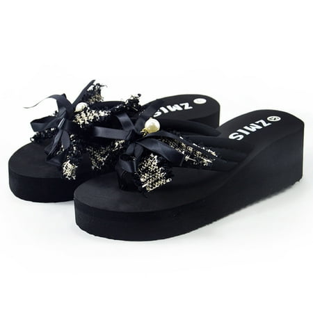 

〖Yilirongyumm〗 Black 36 Slippers For Women Ladies Bowknot Home Wedges Beach Shoes Sandals Flip Flops Slippers
