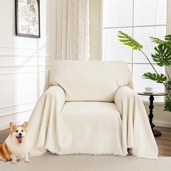 ARLAJO Oversized Chair Cover,Armchair Couch Cover for 1 Cushion,Washable Recliner Covers Sofa Protector with Tassel,Beige,71"X91"