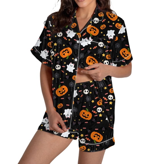 Halloween Pajamas Halloween Pumpkin Print Plus Size Button Pajamas for Women Set