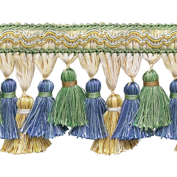 3 3/4" (9.5cm) Imperial Scroll Gimp with Soft Sheen Tiered Tassel Fringe Trim # TFI2,, Spring Green #4668 (Mint Green, Sky Blue, Light Gold) Sold By The Yard (36"/3 ft/0.9m)