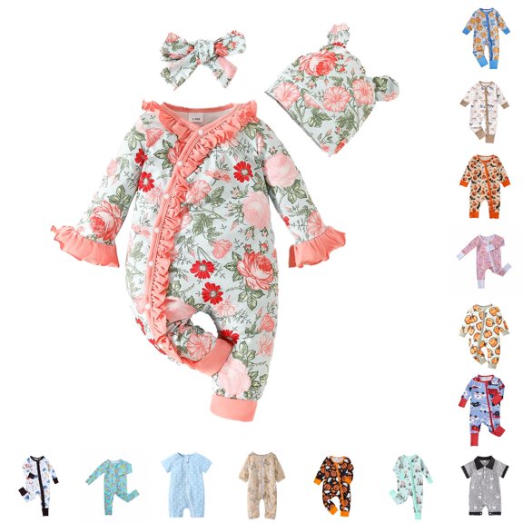 CUZIBR Girls Baby Halloween Pumpkin Ghost Floral Print Zipper Long Sleeve Footless Romper Ruffles One Piece Sleepwear Jumpsuit For ,A-RD1,12-18 Months