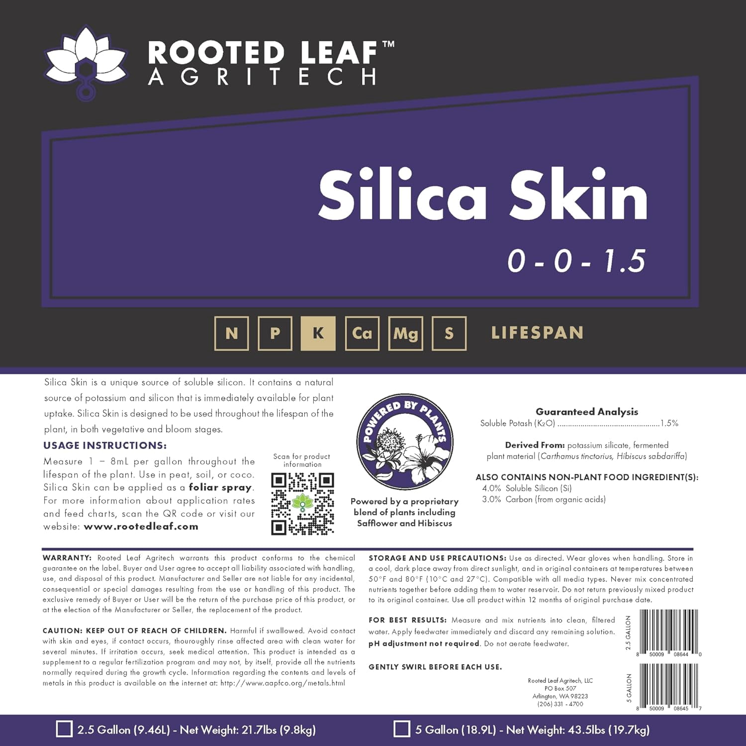 Silica Skin - Silica Fertilizer for Plants, Derived from Natural Sand with Plant Based Organic Acids, hydroponics, Soil/Coco/peat, foliar Spray - 2.5 Gallon