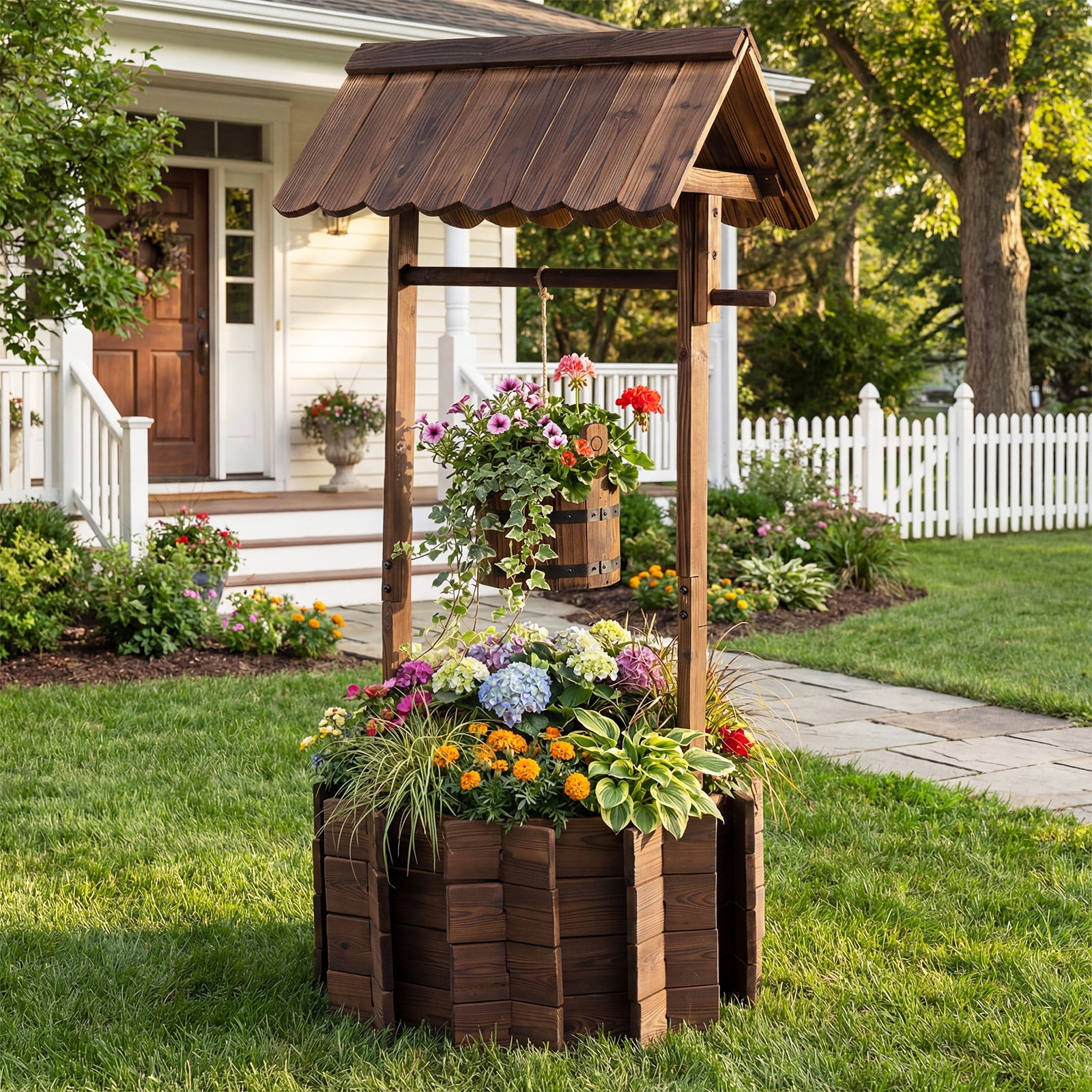 Costway Outdoor Wooden Wishing Well Bucket Flower Plants Planter Patio Garden Home Decor