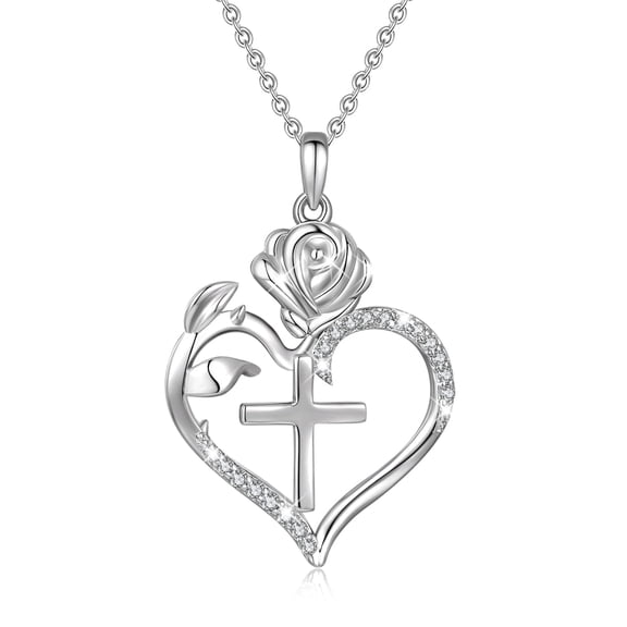 Heshpaws 925 Sterling Silver Cross Necklace, Rose Heart Pendant Necklaces for Women, Elegant Cross Chain Jewelry Gifts with Gift Box