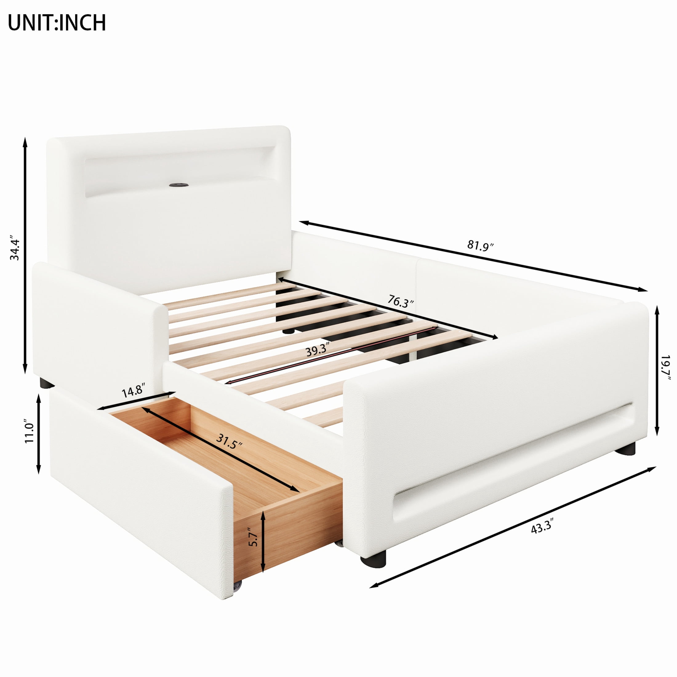 Noble House Twin Size Upholstered Platform Bed with Storage Drawer, LED Light Strip and USB Charging Port, White