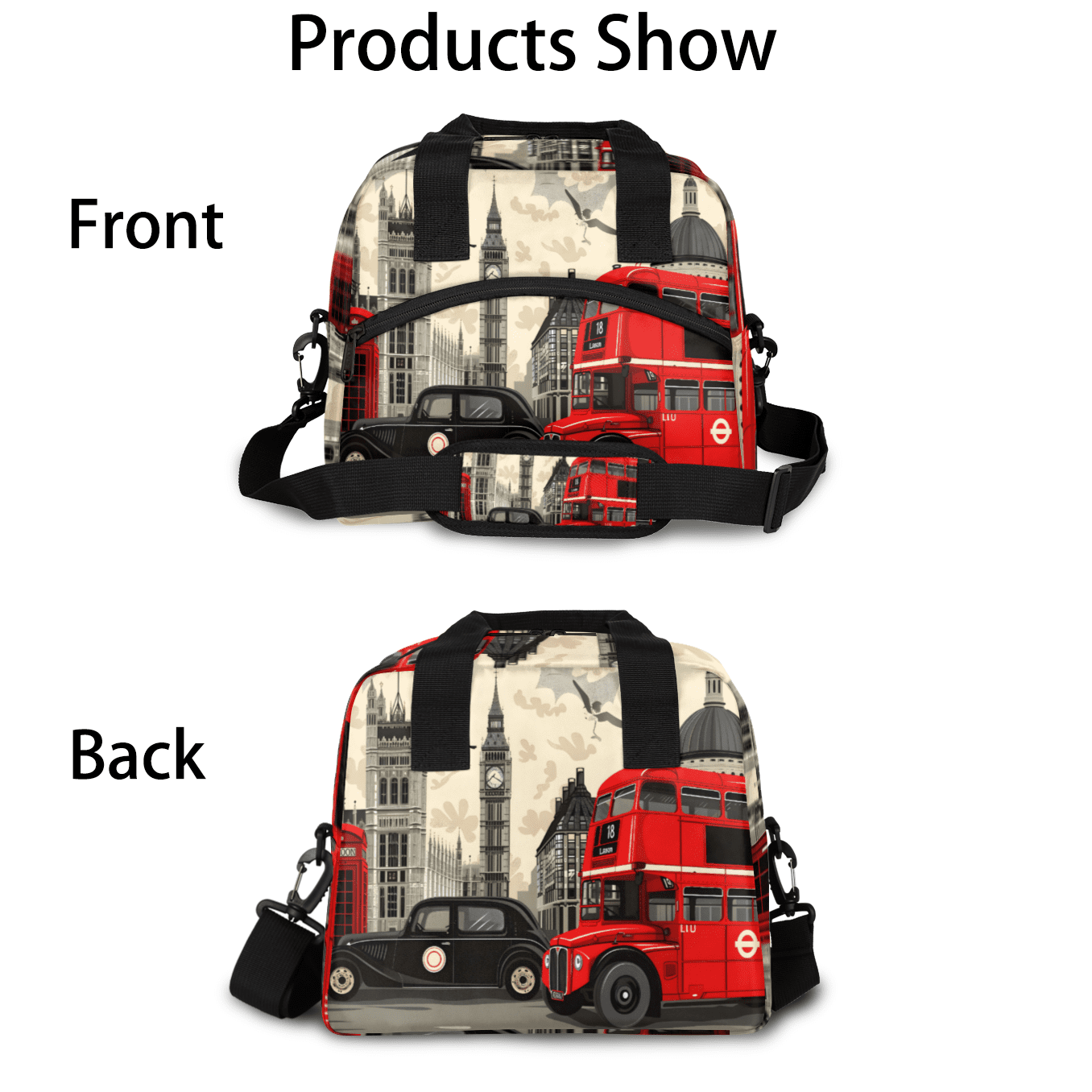 Herdesigns London Big Ben Insulated Lunch Bag for Women Men Adults Large Reusable Lunch Box Britain Telephone Booth City Leakproof Cooler Tote Bags with Adjustable Shoulder Strap