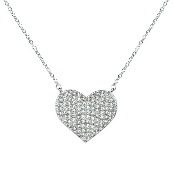 925 Sterling Silver Rhodium Plated Pave CZ Cubic Zirconia Simulated Diamond Love Heart Necklace Wide - Jewelry Gift for Mom